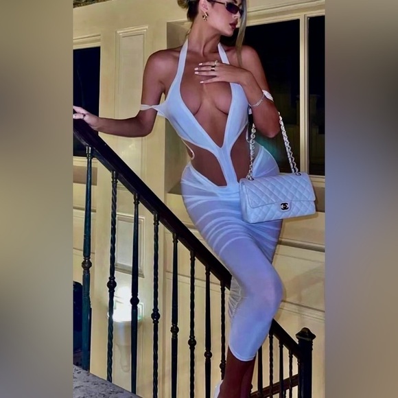 Classy Cut Out Mesh Cocktail Party Midi Dress One Piece Evening Swimsuit Wear - Picture 1 of 7